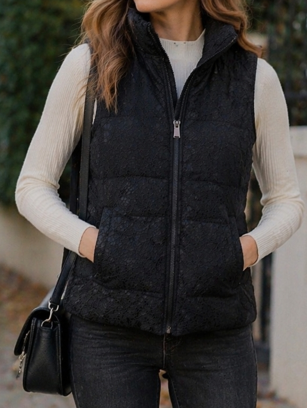 Banana Republic Black Lace Overlay Quilted Puffer Vest Zip Up Sleeveless Chic
